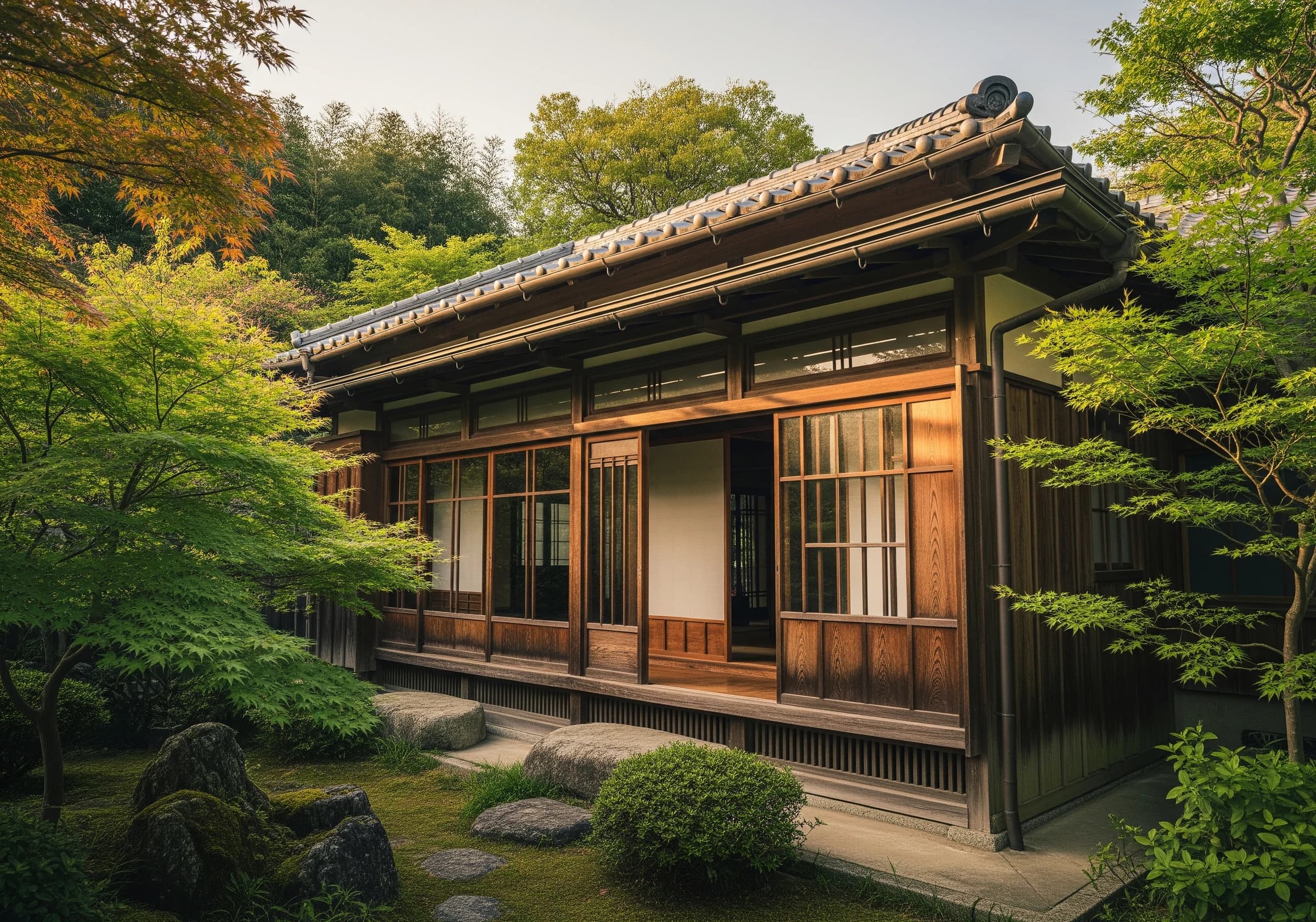 緑に囲まれた木造日本家屋の外観