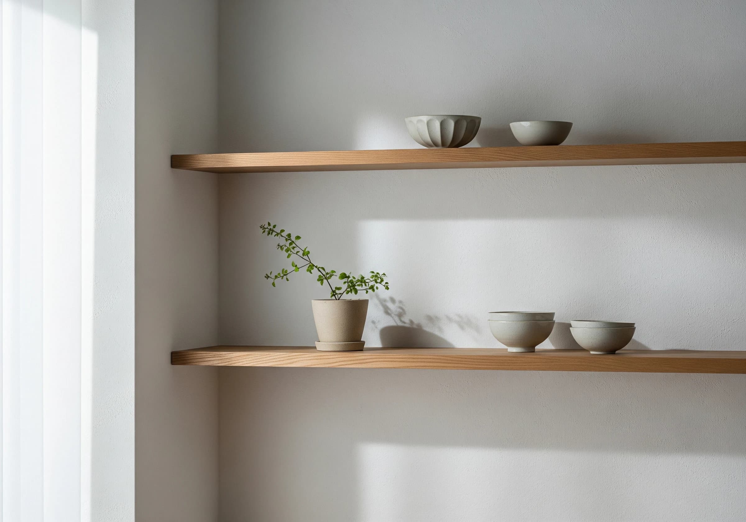 木の棚に器と観葉植物を飾る室内
